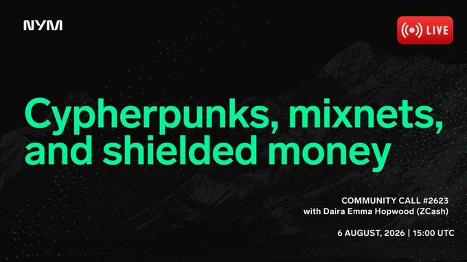Promotional graphic for NYM Community Call #2623 titled "Cypherpunks, mixnets, and shielded money," featuring guest Daira Emma Hopwood (ZCash) on 6 August 2026 at 15:00 UTC, broadcasting live on YouTube, Twitch, and X. The image ties to the post by advertising a live discussion with feministPLT, Harry Halpin, and Daira from Zcash covering the origins of anonymity technology, private payments, network privacy, and future developments.