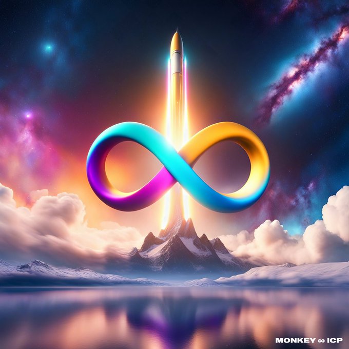 A vibrant digital artwork showing a glowing rainbow infinity symbol being launched by a rocket over a cosmic landscape with mountains and clouds, branded "MONKEY ∞ ICP" in the corner.