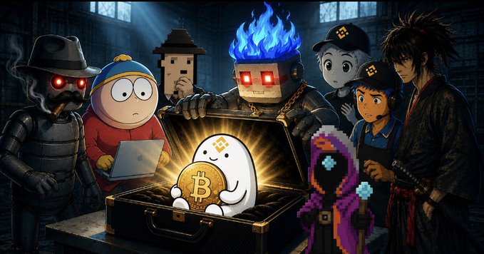 The image depicts a fantasy-style scene where a group of characters—including a cowboy cyborg, Cartman from South Park, a flame-headed robot, anime characters, and a pixelated hooded figure—gather around a glowing treasure chest containing a white ghost-like mascot (FLORK) holding a gold Bitcoin coin with the "₿" symbol. The scene visually represents the post's celebration of the $FLORK memecoin's rapid rise to Binance Alpha, with the radiant Bitcoin symbolizing the community rewards and the diverse cast of characters representing the wide attention the project has garnered in just four days.