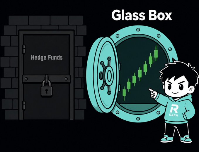 A cartoon character dressed as a boy stands next to an open glass box, which appears to be a hedge fund's window or safe. The boy is pointing at the glass box and wearing a T-shirt with the word "RAFA" on it. The image also features text that relates to the post about hedge funds, discussing their strategies and how they operate within the context of the RAFA Protocol.