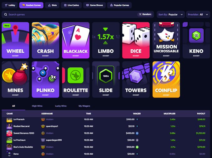 A screenshot of an online gambling website called 'Roobet', showing various games like Wheel, Blackjack, Limbo, and Dice, along with a live feed of recent wins and wagers.