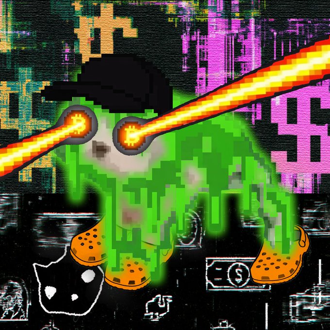 A glitchy, pixelated digital artwork of a green figure with glowing orange eyes firing laser beams, set against a chaotic cyber-style background with pink and orange hues.