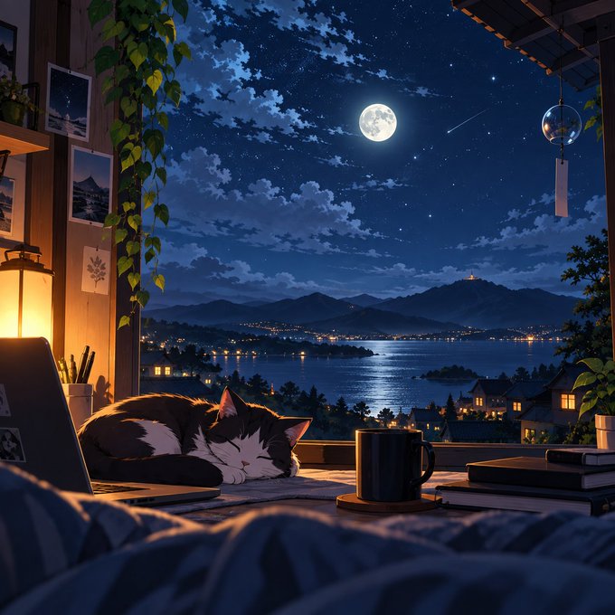 An illustrated nighttime scene depicts a sleeping cat curled up next to a laptop, with a steaming mug and books on a desk overlooking a moonlit bay with distant city lights and mountains under a starry sky.