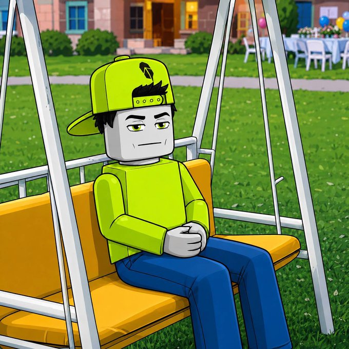 A Roblox-style avatar of a character wearing a yellow backwards cap and yellow shirt, sitting on a yellow swing in a grassy yard.