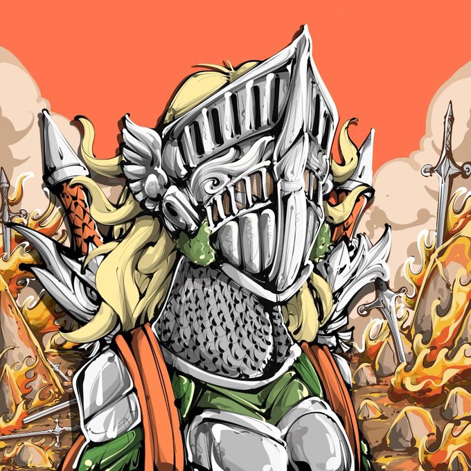 An illustration of a knight in elaborate silver armor with a visored helmet, set against a backdrop of flames and swords under an orange sky.