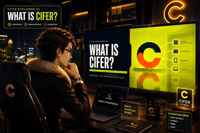 An illustrated graphic titled 'CIFER EXPLAINED 01: WHAT IS CIFER?' features a person at a desk with a laptop and monitor displaying the CIFER logo, highlighting that 'PRIVACY IS INFRASTRUCTURE'.