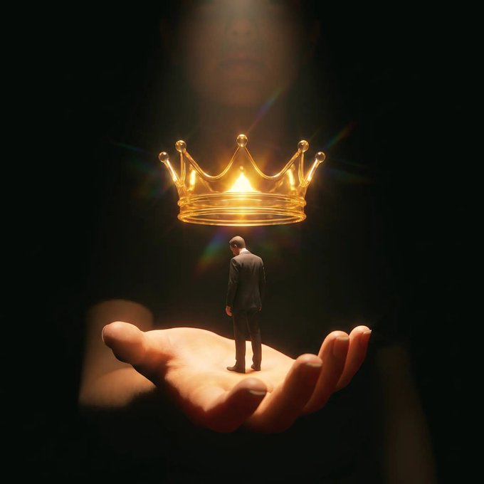 A surreal digital artwork of a tiny man in a suit standing on a large open palm, looking up at a glowing golden crown floating in the darkness above him.