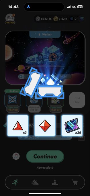A mobile game screenshot showing a reward screen with a Continue button, displaying x3 red gems and x26 mystery boxes against a space-themed background.