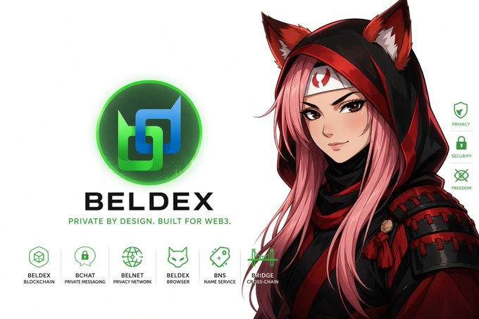 An anime-style character with pink hair and red wolf ears beside a green logo and the text 'BELDEX PRIVATE BY DESIGN. BUILT FOR WEB3.', with feature icons labeled BELDEX BLOCKCHAIN, BCHAT, BELNET, BROWSER, BNS, and BRIDGE.