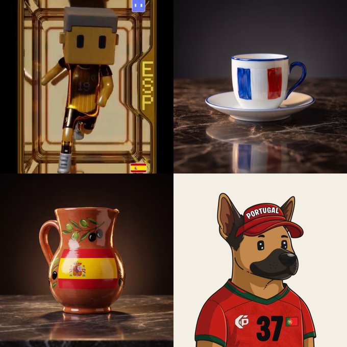 The image features a collage of four distinct images, each showcasing a unique aspect related to the World Cup. The first image displays a cartoon dog wearing a red shirt with the number 37 written across its chest. The second image showcases a cartoon soccer player in yellow and black attire, holding a soccer ball. The third image features a cartoon soccer player in blue and white attire, holding a soccer ball. The fourth image shows a cartoon soccer player in orange and green attire, holding a soccer ball. These images are related to the post because they all feature elements of the World Cup celebration, such as sports-related themes or characters from the event.