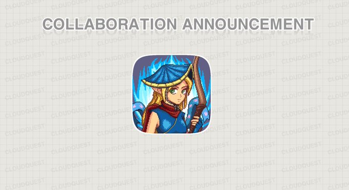 A "COLLABORATION ANNOUNCEMENT" banner featuring a blue-armored warrior character with a spear, tying into Cloud Quest's partnership with Fabled Chronicles, a cross-play RPG NFT collection of 5,555 characters.