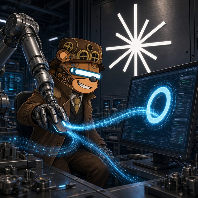 Digital art depicting a steampunk-styled monkey character in a brown top hat with goggles and a suit, operating robotic machinery connected by glowing blue energy streams to a computer monitor displaying data.