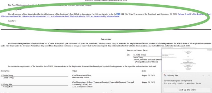 The image shows the signature page of a "Post-Effective Amendment No. 302/4" filing for the Volatility Shares Trust, dated August 21, 2026, with the circular section highlighting that the filing delays the effectiveness of the Registrant's Post-Effective Amendment No. 366 regarding the **TXX** (the "Fund"), a series of the Registrant, until September 30, 2026.

This directly relates to the post, confirming that Volatility Shares has indeed delayed the launch of their 3x XRP ETF (TXX), keeping the higher-risk product paused while the 1x and 2x XRP funds continue trading.