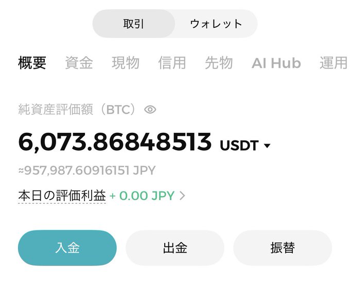 A cryptocurrency exchange wallet interface in Japanese showing a net asset value of 6,073.86848513 USDT (approximately 957,987.60916151 JPY), with tabs for trading categories like 概要, 資金, 現物, 信用, 先物, AI Hub, and 運用.