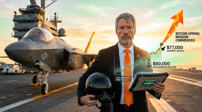 A promotional image titled 'BITCOIN SPRING: MISSION COMMENCED' showing a man in a suit with a Bitcoin-themed tie standing in front of an F-35 fighter jet on an aircraft carrier, holding a pilot's helmet, with a chart showing BTC at $77,000 ($60,000 'THE DEFINING BOTTOM').