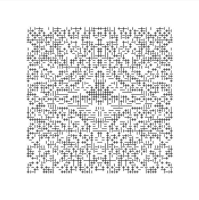 An abstract pattern composed entirely of small black crosses and T-shaped marks scattered across a white background, forming a dense chaotic texture.