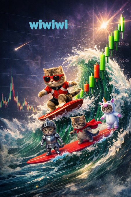 Three costumed kittens surf towering waves atop red surfboards through a starry cosmic seascape, with candlestick charts showing peaks at "600.0K" and "800.0K" rising behind them and "wiwiwi" displayed in the sky, perfectly capturing the $wiwiwi post's message of riding the meme coin wave with style rather than strategy.