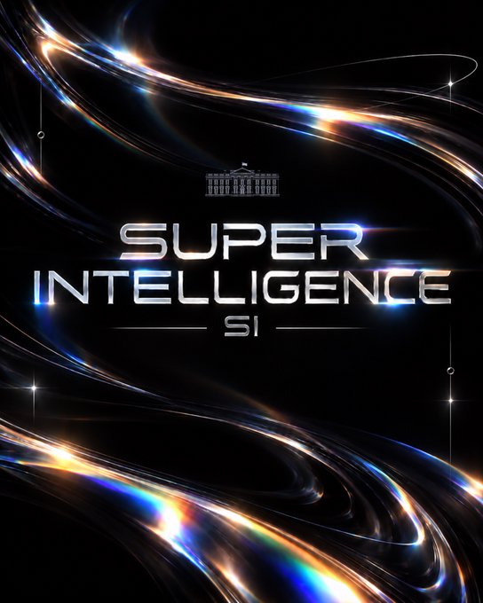 A futuristic black poster with swirling light streaks displays the text 'SUPER INTELLIGENCE SI' with a small building icon resembling the White House.