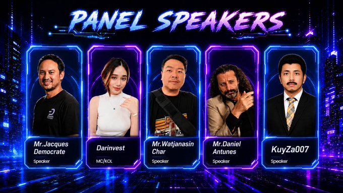 The image features a poster for a panel discussion event, with five different people's names displayed at the top of the poster. The panel speakers include Mr. Jacques, Darnis, Mr. Mngayasin, Mr. Goolan, and Mr. Chua. Each speaker has their own unique photo or logo on the poster to represent them.