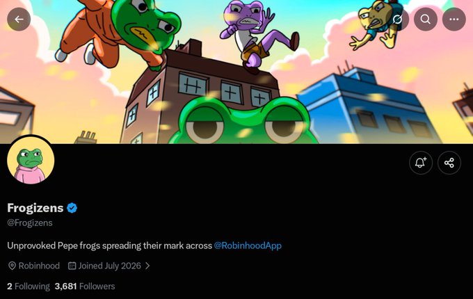 A screenshot of a Twitter/X profile for "Frogizens" (@Frogizens) showing an illustrated banner of cartoon frog characters leaping across a cityscape, with the post text promoting a free mint of 3,333 Pepe-inspired frogs on the Robinhood Chain. The profile displays 3,681 followers and indicates it joined Robinhood in July 2026.