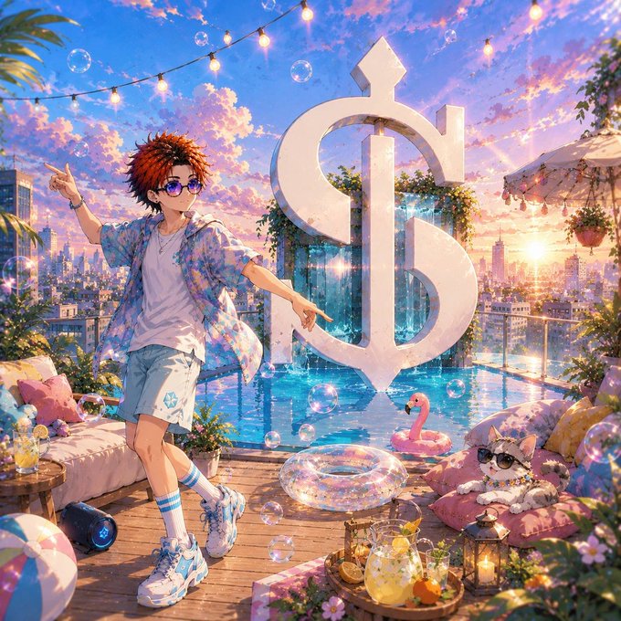 An anime-style illustration of a boy in sunglasses and a floral shirt posing by a pool with a dollar sign fountain, a cat, and drinks at sunset.