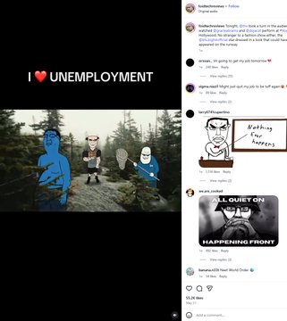 The image features a post with a cartoon depiction of three men dressed in blue shirts and hats standing next to each other. The caption reads "I UNEMPLOYED", which is accompanied by a heart icon, indicating that this message has been shared on social media platforms like Twitter or Instagram. There are also several other posts related to the topic of employment, including one about the difference between coins like $neet and $HYPE.