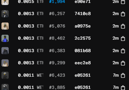 A dark-themed crypto/NFT marketplace listing showing various items priced in ETH with prices like 0.0013 ETH, transaction hashes, and 2-minute timestamps.
