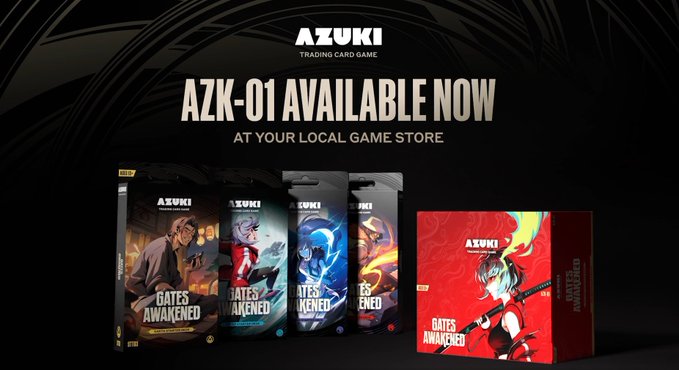 A promotional graphic for the AZUKI Trading Card Game announces "AZK-01 AVAILABLE NOW AT YOUR LOCAL GAME STORE," showcasing multiple Azuki TCG booster packs featuring characters alongside a red collector's box, tied to the June 26, 2026 launch of the physical card game.