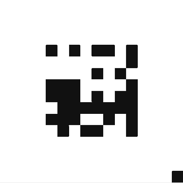 A black QR code with a stylized glitch or pixelated pattern, featuring an 'eyeball' logo in the bottom right corner.
