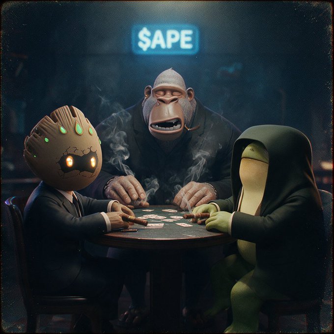 Three anthropomorphic characters—a glowing-eyed gourd in a suit, a stern ape, and a hooded frog—are playing a smoky card game around a table beneath a neon '$APE' sign.