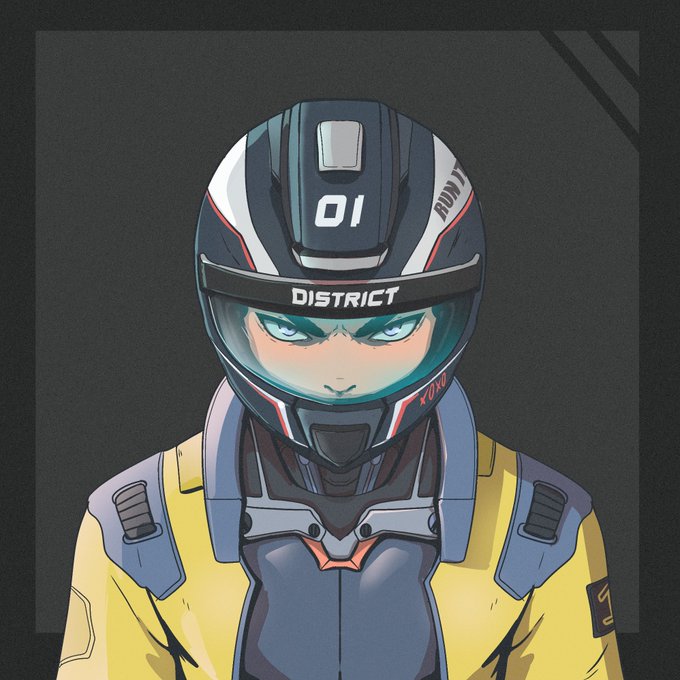 An anime-style character wears a futuristic helmet labeled 'DISTRICT' and '01' along with a yellow jacket.