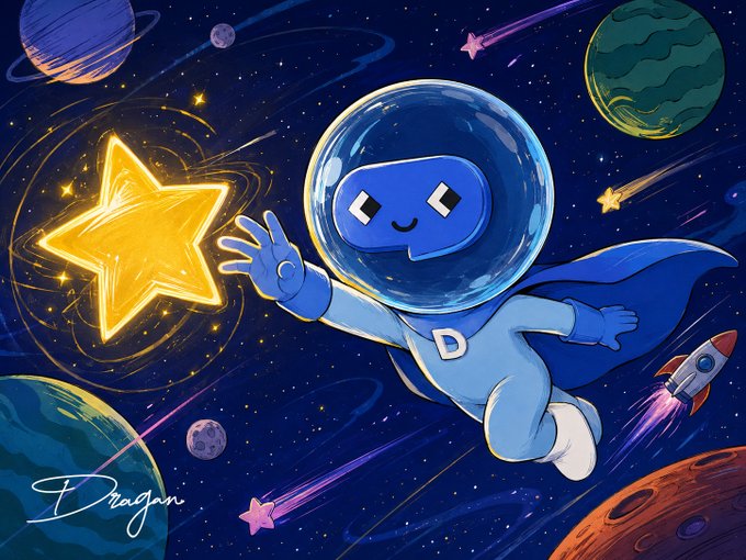 A colorful digital artwork depicts a blue, cartoonish astronaut character with a 'D' on its suit flying through space and reaching toward a glowing yellow star, signed 'Dragon'.