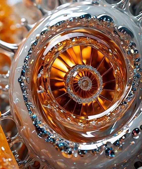 A close-up decorative glass or crystal object contains amber liquid-like reflections and sparkling blue accents arranged in concentric circular patterns.