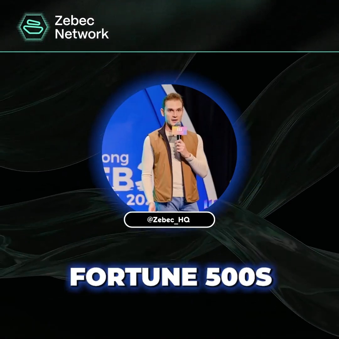 The image shows a man standing in front of an animated background with blue lines and a green circle that says "Zebec Network". The man appears to be giving a speech or presenting information related to the Zebec network's upcoming dashboard designed for large-scale payroll operations, Treasury Management, yield tools, and corporate cards.