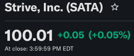 The image displays a stock quote for "Strivve, Inc (SATA)" with a price of 100.01, showing a small gain of +0.05 (+0.05%) in green text, with an "At close: 3:59:59 PM EDT" timestamp, matching the post's note about $SATA closing a penny above par value.