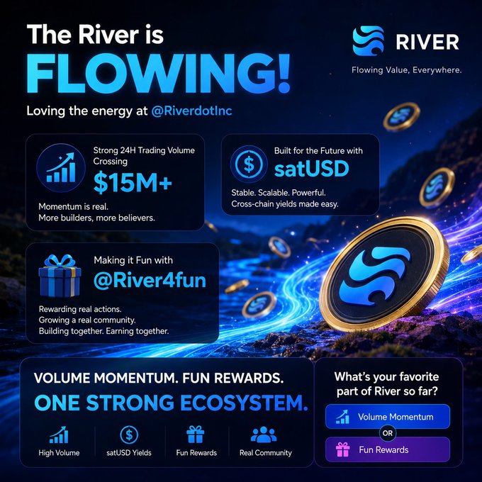 The image features a banner for @RiverdotInc, which seems to be advertising something related to the FIFA World Cup or similar events. The text below the image reads "Good afternoon I really love this vibrant vibe of @RiverdotInc voting is live on river Every staker now vote your favrete team The 24 hour trading volume of the $RIVER token has crossed $15 million Because more and more people are now learning about the".