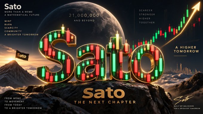 A promotional graphic for 'Sato' cryptocurrency featuring a candlestick chart pattern inside the letters 'Sato,' a flag on a mountain peak, a moon, and text including '21,000,000 AND BEYOND,' 'MINT BURN SCARCITY,' and 'MORE THAN A MEME.'