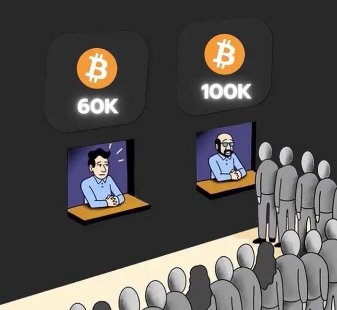 A wide audience watches two Bitcoin price displays showing "60K" and "100K," with the higher projection presented by a confident figure alongside a skeptical one at "60K," humorously contrasting those who underestimate Bitcoin's potential versus those who recognize it as the truly smart investment.