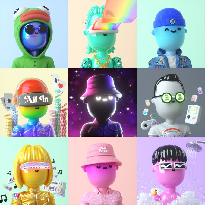 A 3x3 grid of nine colorful, stylized 3D cartoon characters wearing various accessories like hats, sunglasses, and VR headsets, with visible text including "All In," "good vibes," "GOOD MORNING," and music notes—all tying into the cheerful "Griday!!!" vibe of a fun Friday.