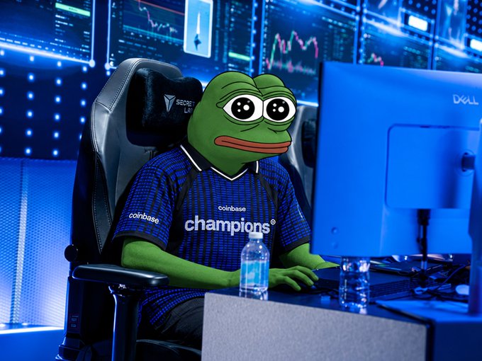 A Pepe the Frog character wearing a Coinbase "Champions" jersey, sitting in a Secretlab gaming chair in front of a Dell monitor with stock charts displayed on screens in the background.