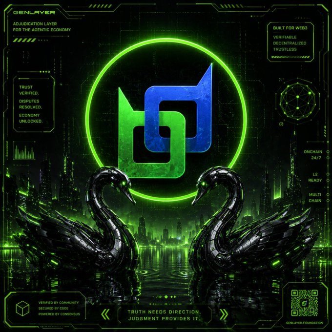 A GenLayer promotional graphic with cyberpunk-style green HUD elements featuring swans and a central blue logo, advertising an 'ADJUDICATION LAYER FOR THE AGENTIC ECONOMY' built for Web3 with trustless decentralized verification.