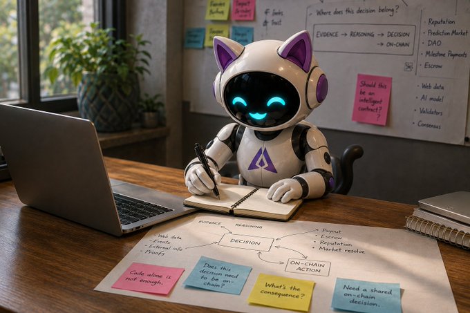 A cartoon robot with cat ears writing in a notebook at a desk, surrounded by sticky notes and diagrams about decision-making on-chain, including phrases like 'EVIDENCE → REASONING → DECISION → ON-CHAIN' and 'Should this be an on-chain decision?'.