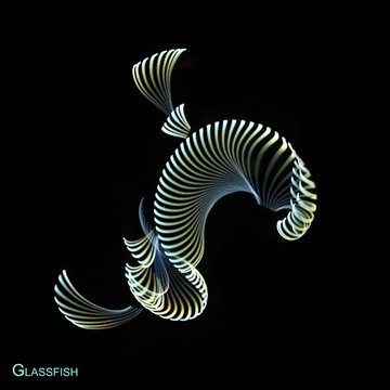 A 3D-rendered, swirling sculptural form resembling a fish or ribbon made of layered, curved stripes in green and white, with the word 'GLASSFISH' written in the bottom left corner.