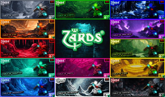 A grid of 12 colorful cards from the game '7 ARDS,' each representing a different element: Winds, Earth, Water, Fire, Mischief, Blood, Forests, Time, Invitation, Winds (again), Stars, and Shadows, surrounding the central logo.