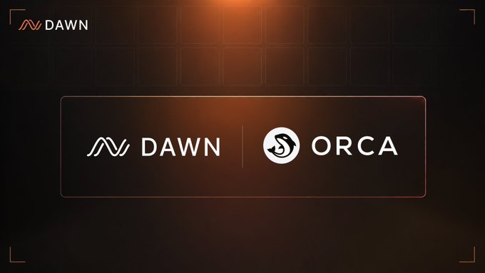 A promotional graphic with a dark orange gradient background displays the Dawn logo (top left) alongside a centered banner featuring the "DAWN | ORCA" logos side by side, visually announcing Dawn's USD.infra integration with Orca, a Solana-based AMM protocol.