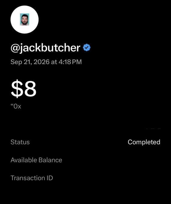 Payment confirmation screenshot showing $8 sent to @jackbutcher, dated Sep 21, 2026, with status 'Completed'.