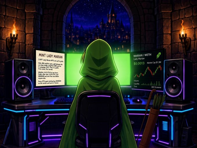 A hooded figure studies late into the night at a glowing dual-monitor setup displaying NFT mint details for "Lady Marian" ($0.0013, Market Cap $1.3M), with a fantasy castle visible through a stone archway in the background—capturing the study session atmosphere leading up to the 20:00 UTC mint launch.