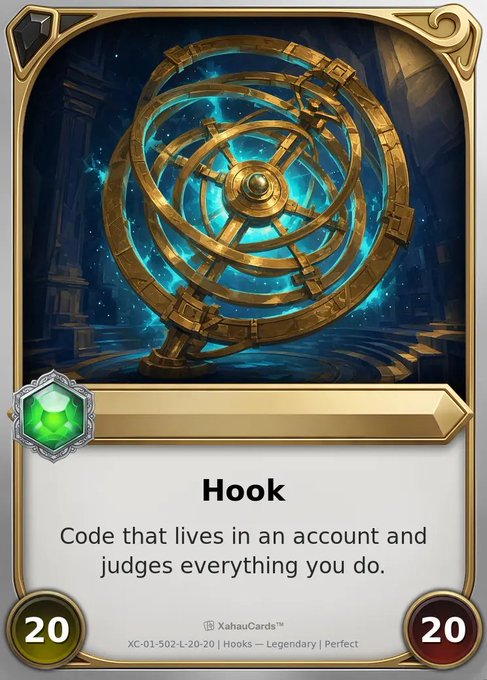 A fantasy trading card titled 'Hook' depicting a golden armillary sphere glowing with blue energy, labeled as a Legendary Perfect card with 20/20 stats.