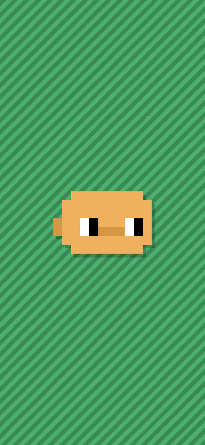 A pixel art illustration of a tan, blocky character with two black rectangular eyes against a green diagonally striped background.
