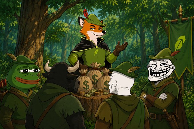 An illustration of a forest scene with a fox leader in green Robin Hood attire standing behind bags of money, surrounded by Pepe the Frog, a minotaur, and a trollface character dressed as Merry Men.